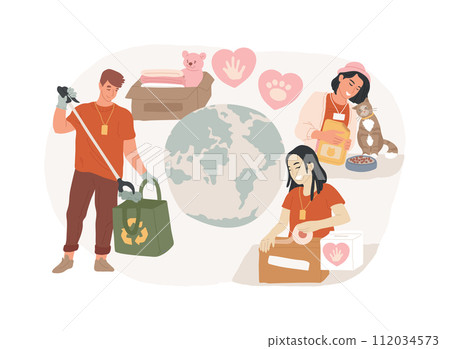 Volunteering isolated concept vector illustration. Volunteer project, community service, altruistic job activity, volunteering for animal shelter, non-profit social organization vector concept. Volunteering isolated concept vector illustration. Volunteer project, community service, altruistic job activity, volunteering for animal shelter, non-profit social organization vector concept. 112034573