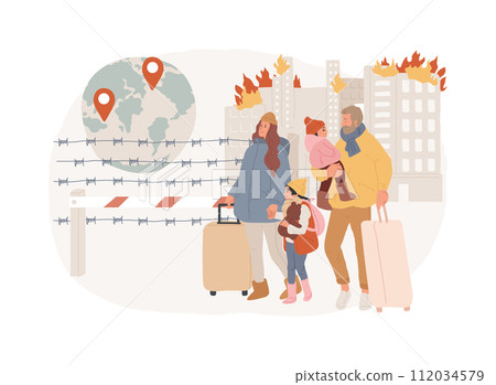 Refugees isolated concept vector illustration. People crossing border illegally, refugee world crisis, forced migration, internally displaced people, asylum seeker, immigration vector concept. Refugees isolated concept vector illustration. People crossing border illegally, refugee world crisis, forced migration, internally displaced people, asylum seeker, immigration vector concept. 112034579