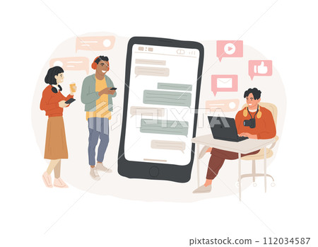 Millennials isolated concept vector illustration. Generation Y, digital native and social media, online communication, live with parents, career building, sharing economy vector concept. Millennials isolated concept vector illustration. Generation Y, digital native and social media, online communication, live with parents, career building, sharing economy vector concept. 112034587
