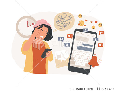 FOMO isolated concept vector illustration. Fear of missing out, social anxiety, having fun, stay connected, social interaction, internet use, psychological health and well-being vector concept. 112034588