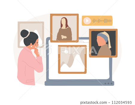 Virtual gallery tour isolated concept vector illustration. Free virtual gallery tour, piece of art, online exhibition experience, social distance, art therapy, online education vector concept. 112034593