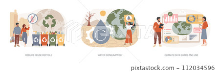 Save the planet isolated concept vector illustration set. Reduce Reuse Recycle, water consumption, climate data share and use, upcycling program, weather forecast, overconsumption vector concept. Save the planet isolated concept vector illustration set. Reduce Reuse Recycle, water consumption, climate data share and use, upcycling program, weather forecast, overconsumption vector concept. 112034596