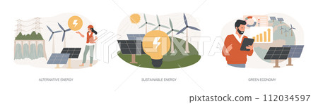Clean green energy isolated concept vector illustration set. Alternative energy, sustainable eco system, renewable sources, wind turbine, solar panels, green economy, eco friendly vector concept. 112034597