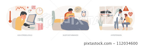 Stressful life isolated concept vector illustration set. High stress levels, sleep disturbances, hypertension, digital overload, mental health, high blood pressure, insomnia vector concept. Stressful life isolated concept vector illustration set. High stress levels, sleep disturbances, hypertension, digital overload, mental health, high blood pressure, insomnia vector concept. 112034600