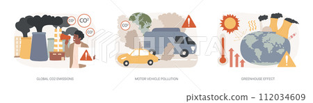 Air pollution isolated concept vector illustration set. Global CO2 emissions, motor vehicle pollution, greenhouse effect, car exhaust, transportation industry, ozone layer vector concept. 112034609