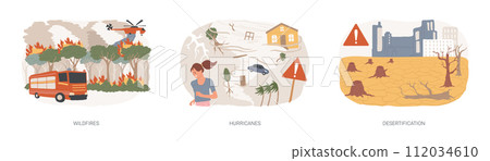 Natural disaster isolated concept vector illustration set. Wildfires and hurricanes, desertification and draught, deforestation problem, climate change, global warming, firefighting vector concept. Natural disaster isolated concept vector illustration set. Wildfires and hurricanes, desertification and draught, deforestation problem, climate change, global warming, firefighting vector concept. 112034610
