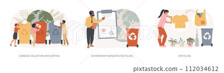 Waste disposal and reuse isolated concept vector illustration set. Garbage collection and sorting, government mandated recycling, upcycling, curbside program, reduce consumption vector concept. Waste disposal and reuse isolated concept vector illustration set. Garbage collection and sorting, government mandated recycling, upcycling, curbside program, reduce consumption vector concept. 112034612