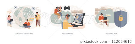 Global web connection isolated concept vector illustration set. Cloud gaming and security, cyber security engineering, network communication, internet, video streaming online vector concept. 112034613