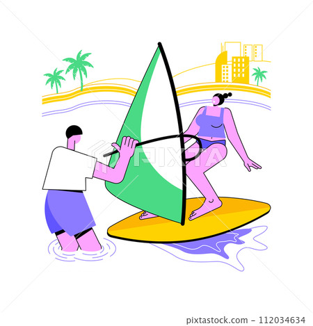 Practice with instructor isolated cartoon vector illustrations. Traveler windsurfing with instructor during vacation, watersports activity, travelling time, summer holidays vector cartoon. 112034634
