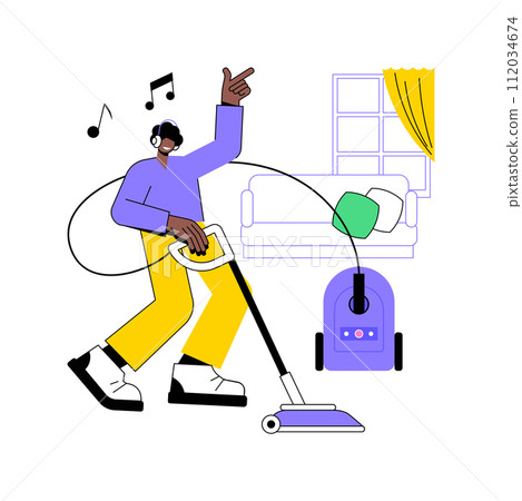 Vacuum cleaning isolated cartoon vector illustrations. Young man listening to music and vacuum cleaning in the living room, home routine, daily chores, housekeeping equipment vector cartoon. Vacuum cleaning isolated cartoon vector illustrations. Young man listening to music and vacuum cleaning in the living room, home routine, daily chores, housekeeping equipment vector cartoon. 112034674
