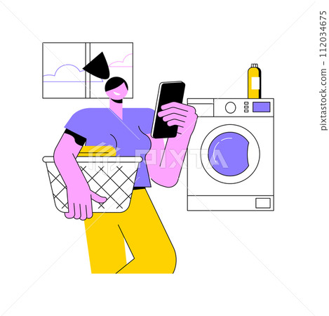 Laundry is ready isolated cartoon vector illustrations. Smiling girl picks up washed clothing, housewife home routine, women daily chores and duties, laundry service vector cartoon. Laundry is ready isolated cartoon vector illustrations. Smiling girl picks up washed clothing, housewife home routine, women daily chores and duties, laundry service vector cartoon. 112034675