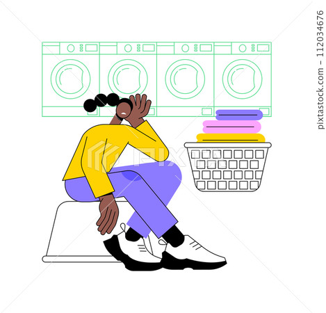 Automatic laundry isolated cartoon vector illustrations. Tired woman with a clothing basket near automatic laundry, housewife lifestyle, moms home routine, daily chores vector cartoon. Automatic laundry isolated cartoon vector illustrations. Tired woman with a clothing basket near automatic laundry, housewife lifestyle, moms home routine, daily chores vector cartoon. 112034676