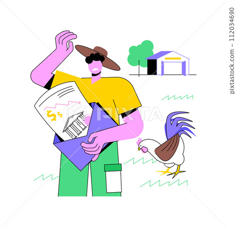 Farm bankruptcy isolated cartoon vector illustrations. Sad farm owner getting a debt document, agribusiness bankruptcy, liquidation process, agricultural enterprise risk vector cartoon. 112034690