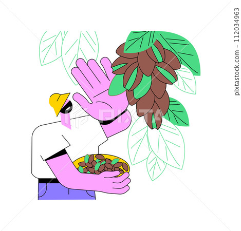 Pistachios growing isolated cartoon vector illustrations. Young farmer picks pistachios from the tree, agriculture enterprise, agribusiness idea, processing-manufacturing sector vector cartoon. Pistachios growing isolated cartoon vector illustrations. Young farmer picks pistachios from the tree, agriculture enterprise, agribusiness idea, processing-manufacturing sector vector cartoon. 112034963