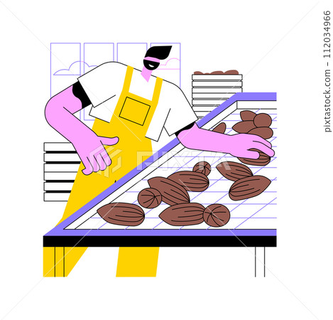 Pecans production isolated cartoon vector illustrations. Man deals with commercial nuts production, pecans harvest, agribusiness industry, processing-manufacturing sector vector cartoon. 112034966
