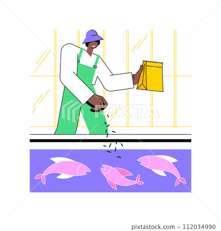Fish farming isolated cartoon vector illustrations. Farmer throws food into the pool with fish, agriculture industry, agribusiness worker, production sector, animals rearing vector cartoon. 112034990