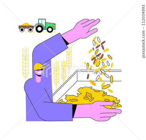 Harvesting isolated cartoon vector illustrations. Smiling farmer harvesting on the field, agriculture industry, agribusiness worker, production sector, crops cultivation vector cartoon. 112034993