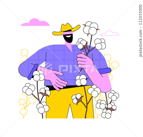Growing cotton isolated cartoon vector illustrations. Smiling farmer growing cotton on field, planting seeds, agriculture industry, agribusiness worker, production sector vector cartoon. 112035000