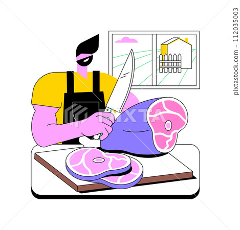Farm meat products isolated cartoon vector illustrations. Man cuts the farm meat, agriculture industry, agribusiness secondary production sector, fresh raw pork steak vector cartoon. 112035003