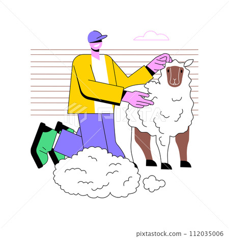 Sheep wool production isolated cartoon vector illustrations. Young farmer making sheep wool at farm, agriculture industry, agribusiness idea, secondary production sector vector cartoon. 112035006