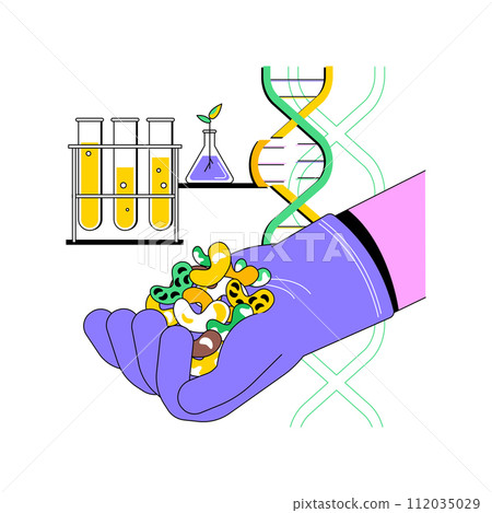 Genetically modified seeds isolated cartoon vector illustrations. Man grows genetically modified seeds in lab, crop production, agribusiness idea, agricultural input sector vector cartoon. 112035029