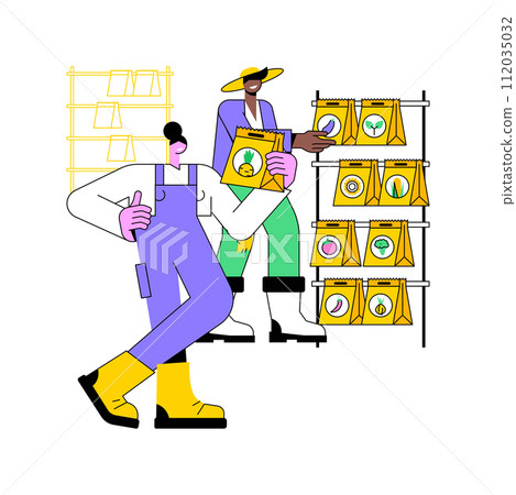 Seed supply isolated cartoon vector illustrations. Farmers picking a seed in the store, agribusiness industry, agricultural input sector, gardening season preparation vector cartoon. 112035032