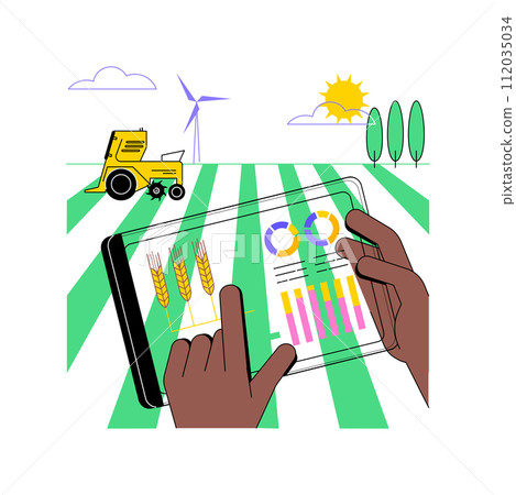 Analytics for crop yield forecast isolated cartoon vector illustrations. Farmer with tablet controls crop yield forecast, modern agriculture, smart farming, data on screen vector cartoon. 112035034