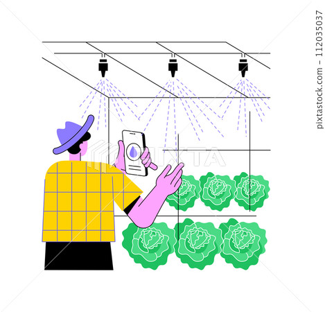 Greenhouse automation isolated cartoon vector illustrations. Farmer turns on automatic watering in greenhouse, modern agriculture, smart farming, computing in agribusiness vector cartoon. Greenhouse automation isolated cartoon vector illustrations. Farmer turns on automatic watering in greenhouse, modern agriculture, smart farming, computing in agribusiness vector cartoon. 112035037
