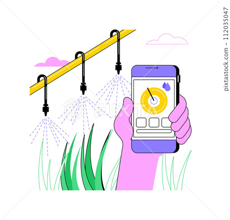 Irrigation monitoring isolated cartoon vector illustrations. Man with smartphone deals with mapping of irrigated land, improve agricultural yield, smart farming, monitor the soil vector cartoon. 112035047