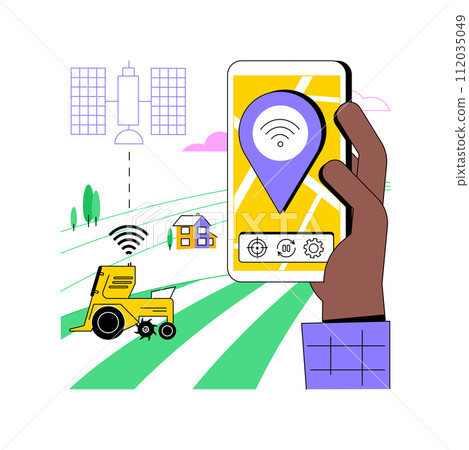 Remote machine navigation isolated cartoon vector illustrations. Farmer with smartphone controls machine navigation, tractors and heavy ploughing equipment run automatically vector cartoon. 112035049