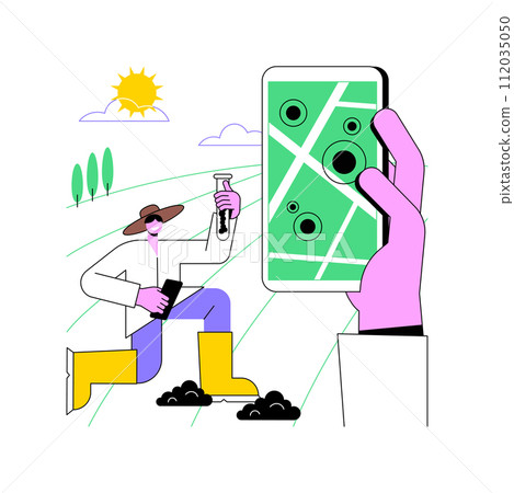 Soil sampling isolated cartoon vector illustrations. Farmer with tablet dealing with soil sampling, smart agriculture, improve agricultural yield, monitor the nutrient value vector cartoon. 112035050