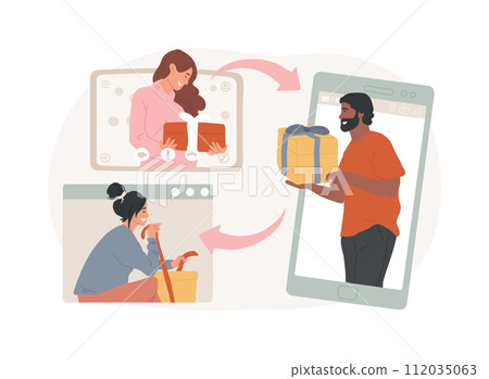 Sharing gifts online isolated concept vector illustration. Online celebration, unpacking present on video, sending greetings on camera, opening gift, virtual party, sharing fun vector concept. Sharing gifts online isolated concept vector illustration. Online celebration, unpacking present on video, sending greetings on camera, opening gift, virtual party, sharing fun vector concept. 112035063