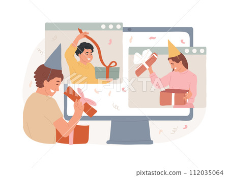 Gift-opening party isolated concept vector illustration. Day-after party, gift-opeing together, family celebration tradition, getting present, guest invitation, brunch event vector concept. 112035064