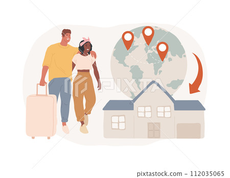 Return migration isolated concept vector illustration. Return of travelers, repatriation grant, circular migration, coming back, moving abroad, flying home, arrival at airport vector concept. Return migration isolated concept vector illustration. Return of travelers, repatriation grant, circular migration, coming back, moving abroad, flying home, arrival at airport vector concept. 112035065