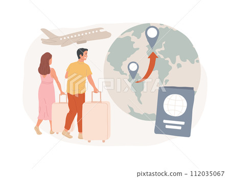 Emigration isolated concept vector illustration. Leaving a resident country, movement of people, emigrate from homeland, departure, foreign residence, man with suitcases vector concept. 112035067