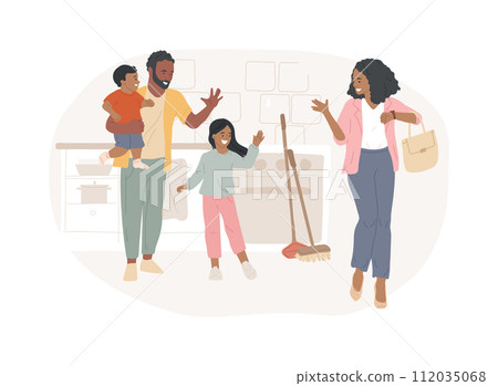 Stay-at-home dads isolated concept vector illustration. Stay-at-home father, house dad, taking kid to school, work home, breadwinner mom, parental leave, spend time with child vector concept. Stay-at-home dads isolated concept vector illustration. Stay-at-home father, house dad, taking kid to school, work home, breadwinner mom, parental leave, spend time with child vector concept. 112035068