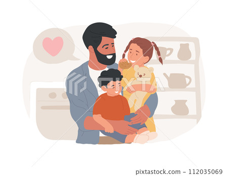 Fatherhood care isolated concept vector illustration. Fatherhood institute, care and domestic work, together at home, fathers day, relationship with child, happy kid family vector concept. Fatherhood care isolated concept vector illustration. Fatherhood institute, care and domestic work, together at home, fathers day, relationship with child, happy kid family vector concept. 112035069