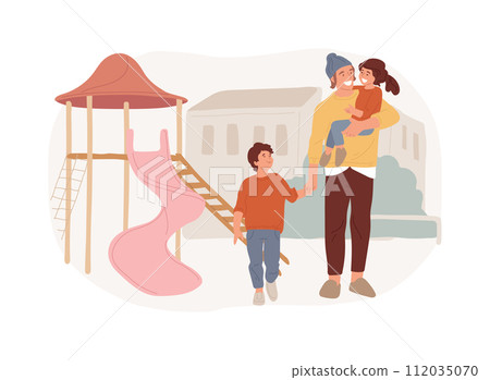 Modern dads isolated concept vector illustration. Stay-at-home father, house super good dad, involve in childrens live, together with kids, active family, spending time playing vector concept. 112035070