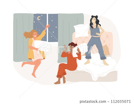 Pajama party isolated concept vector illustration. Friends sleepover, birthday celebration idea, kids having fun, slumber night, pajama party for children, bachelorette event vector concept. Pajama party isolated concept vector illustration. Friends sleepover, birthday celebration idea, kids having fun, slumber night, pajama party for children, bachelorette event vector concept. 112035071