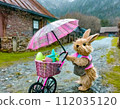 A rabbit pushing a stroller with an umbrella in the rain 112035120