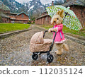 A rabbit pushing a stroller with an umbrella in the rain 112035124