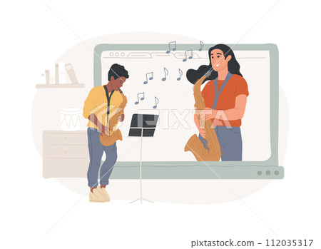 Online music lessons isolated concept vector illustration. Live video conferencing, music teacher, covid quarantine, online private practice, professional advice, stay at home vector concept. Online music lessons isolated concept vector illustration. Live video conferencing, music teacher, covid quarantine, online private practice, professional advice, stay at home vector concept. 112035317