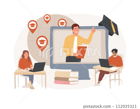 Global online education isolated concept vector illustration. E-learning tools, internet training webinar, digital course, remote education, individual learning plan, access vector concept. Global online education isolated concept vector illustration. E-learning tools, internet training webinar, digital course, remote education, individual learning plan, access vector concept. 112035321