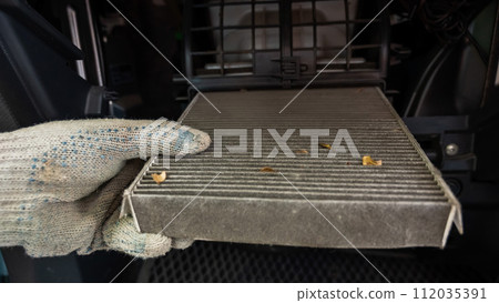 A mechanic changes the cabin air filter of a car. 112035391