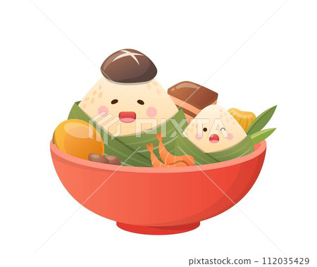 中國端午節,可愛俏皮的粽子卡通人物,蒸煮的糯米,向量插圖 112035429
