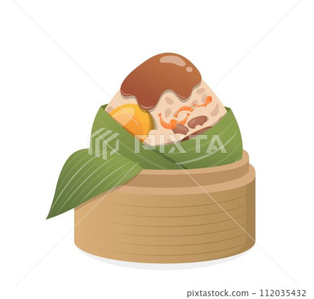 Traditional Chinese food, sticky rice wrapped in bamboo leaves, pork with egg yolk and sauce, vector illustration Traditional Chinese food, sticky rice wrapped in bamboo leaves, pork with egg yolk and sauce, vector illustration 112035432