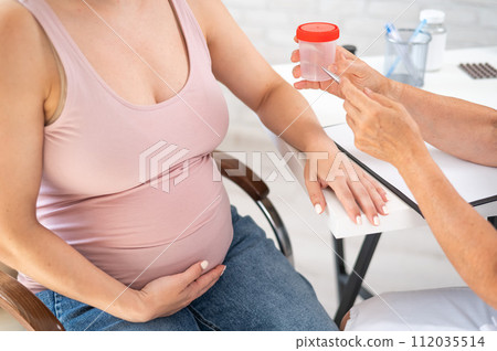 The doctor explains to a pregnant patient how to pass a urine test. The doctor explains to a pregnant patient how to pass a urine test. 112035514