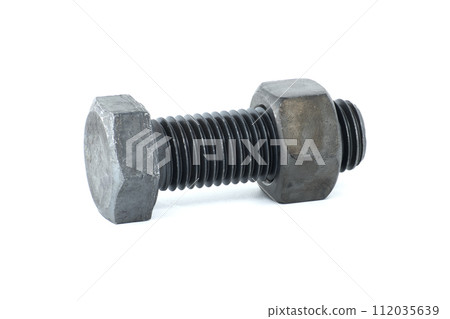Single hex head bolt and nut isolated on white Single hex head bolt and nut isolated on white 112035639