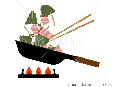 在煎鍋中煎培根和蔬菜的插圖 在煎鍋中煎培根和蔬菜的插圖 112035770