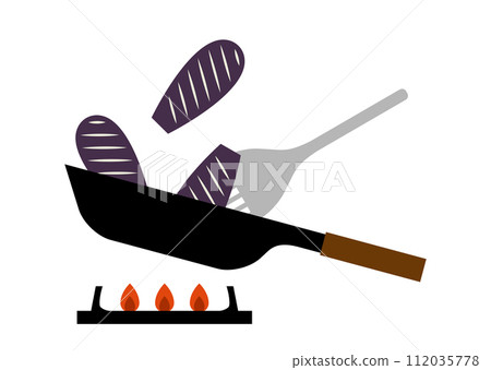 Illustration of frying eggplant in a frying pan 112035778